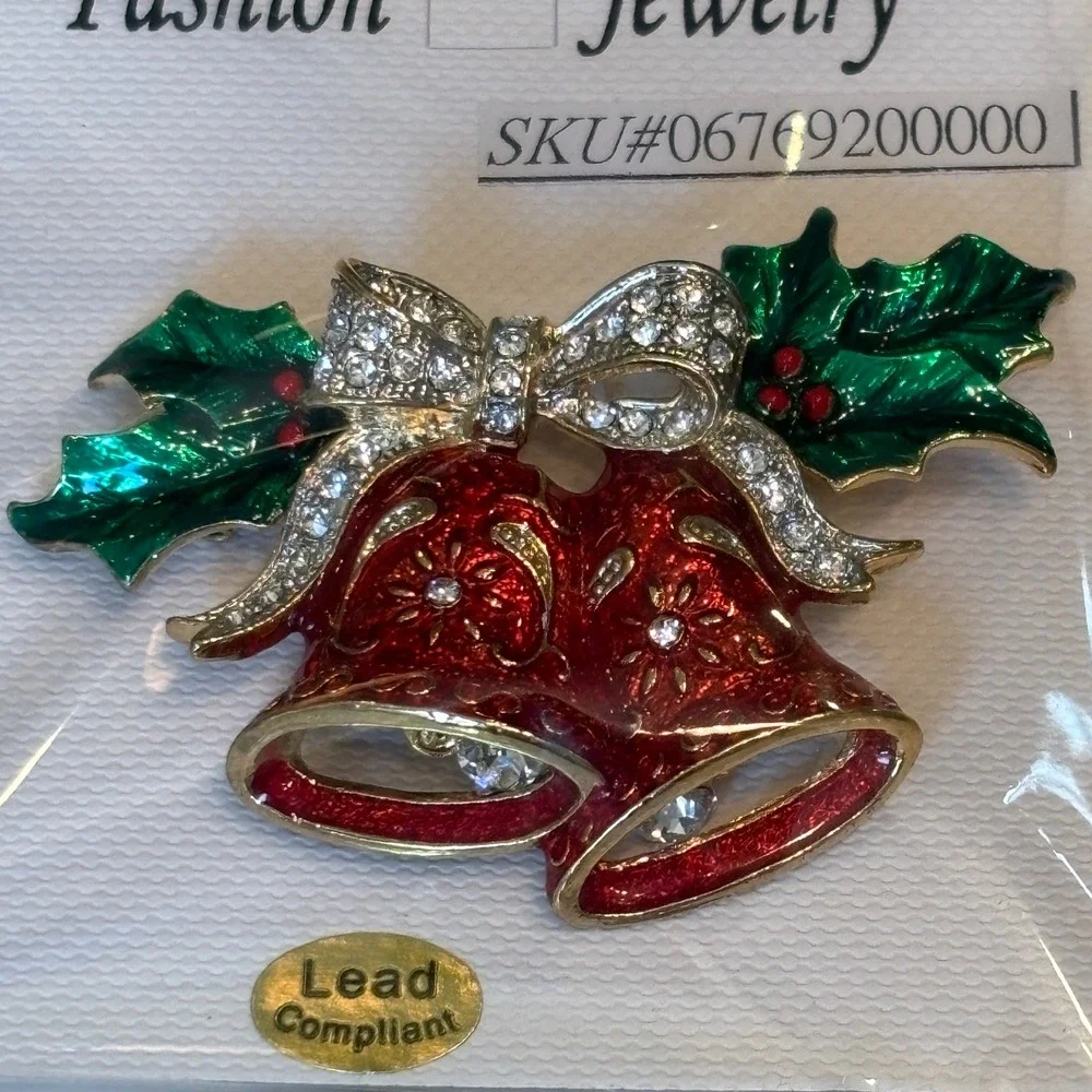 Fashion Jewelry Christmas Bells Bow Enamel Rhinestone Brooch Pin Red Green